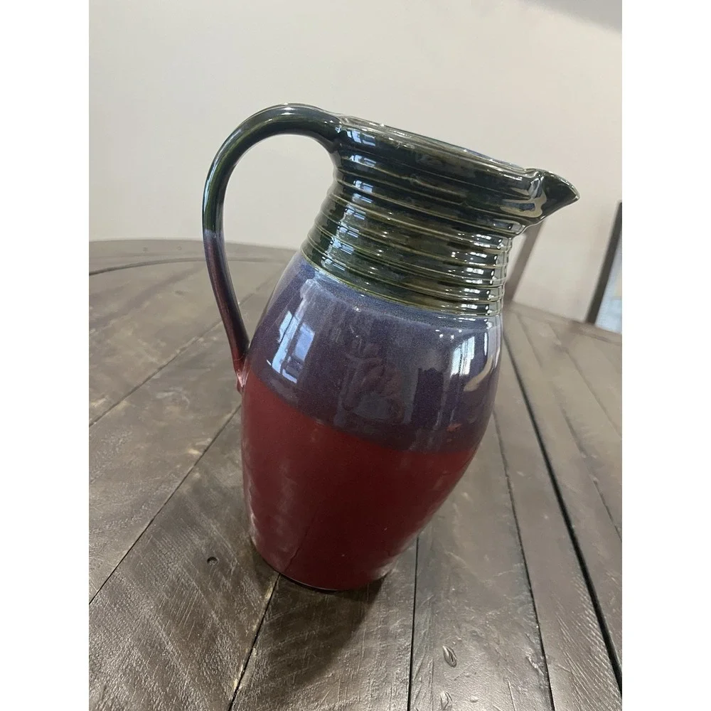 Vtg Pam Snyder Art Pottery Pitcher‎ Green Purple Maroon 9